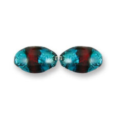 Bead, Japanese Sassoon Lampwork Glass, 14x10mm Oval bead with Silverfoil and 2-Tone Band - Teal/Red (Hole Size 1.7mm)