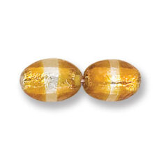 Bead, Japanese Sassoon Lampwork Glass, 14x10mm Oval bead with Silverfoil and 2-Tone Band - Topaz/Crystal (Hole Size 1.7mm)