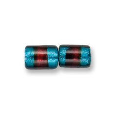Bead, Japanese Sassoon Lampwork Glass, 12x8mm Tube with Silverfoil and 2-Tone Band - Teal/Red (Hole Size 1.7mm)