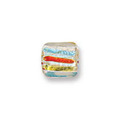 Bead, Japanese Sassoon Lampwork Glass, 12mm Flat Square bead with Silverfoil and Color Stripes - Aqua/Red/Yellow (Hole Size 1.7mm)
