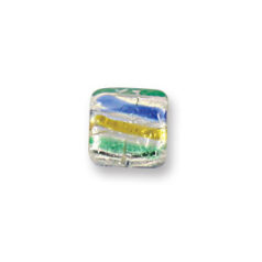 Bead, Japanese Sassoon Lampwork Glass, 12mm Flat Square bead with Silverfoil and Color Stripes - Green/Topaz/Blue (Hole Size 1.7mm)