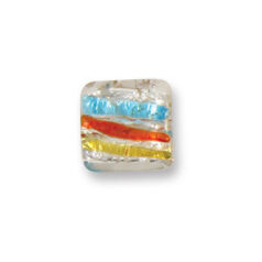 Bead, Japanese Sassoon Lampwork Glass, 14mm Flat Square bead with Silverfoil and Color Stripes - Aqua/Red/Yellow (Hole Size 1.7mm)