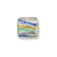 Bead, Japanese Sassoon Lampwork Glass, 14mm Flat Square bead with Silverfoil and Color Stripes - Green/Topaz/Blue (Hole Size 1.7mm)