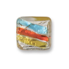 Bead, Japanese Sassoon Lampwork Glass, 20mm Flat Square bead with Silverfoil and Color Stripes - Topaz/Red/Blue (Hole Size: 1.7mm)