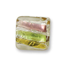 Bead, Japanese Sassoon Lampwork Glass, 20mm Flat Square bead with Silverfoil and Color Stripes - Amethyst/Yellow/Topaz (Hole Size 1.7mm)