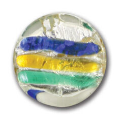 Bead, Japanese Sassoon Lampwork Glass, 30mm Flat Disc with Silverfoil and Color Stripes - Green/Topaz/Blue (Hole Size 1.7mm)