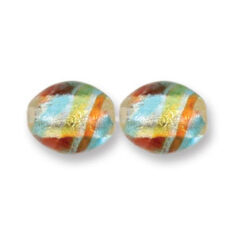 Bead, Japanese Sassoon Lampwork Glass, 14x12mm Oval bead with Silverfoil and Colorswirl - Aqua/Red/Yellow (Hole Size 1.7mm)