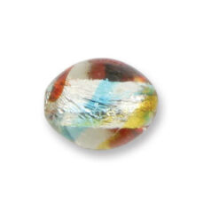 Bead, Japanese Sassoon Lampwork Glass, 21x16mm Oval bead with Silverfoil and Colorswirl - Aqua/Red/Yellow (Hole Size 1.7mm)