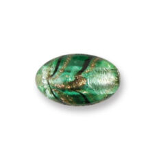 Bead, Japanese Sassoon Lampwork Glass, 19x13mm Oval bead with Silverfoil and Bronze Swirl - Emerald (Hole Size 1.7mm)