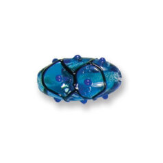 Bead, Japanese Sassoon Lampwork Glass, 20x10mm Oval bead with Silverfoil,  Black Net on Aqua color w/Dots (Hole Size 1.7mm)