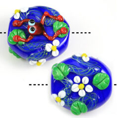 Bead, Red Tree Frog on Blue Pond 26mm Flat Oval