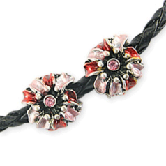 Bead, HandPainted Pewter, Tube w/Crystal, Pink/Red, lead free