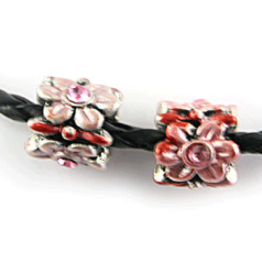 Bead, HandPainted Pewter, Tube w/Crystal, Pink/Red, lead free