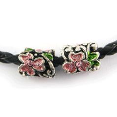 Bead, HandPainted Pewter, Tube w/Crystal, Pink/Green, lead free