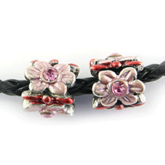 Bead, HandPainted Pewter, Tube w/Crystal, Pink/Red, lead free