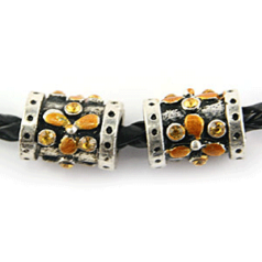 Bead, HandPainted Pewter, Tube w/Crystal, Topaz, lead free
