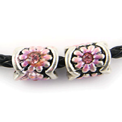 Bead, HandPainted Pewter, Tube w/Crystal, Pink/Red, lead free