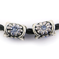 Bead, Antique Pewter, Tube w/Crystal, silver/blue, lead free