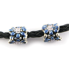 Bead, HandPainted Pewter, Tube w/Crystal, Sapphire, lead free