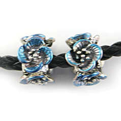 Bead, HandPainted Pewter, Flower w/Crystal, Blue, lead free