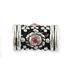 Bead, Antique Pewter, Tube w/Pink Crystal, lead free