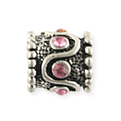 Bead, Antique Pewter, 10x8mm Tube w/Pink Crystal(hole size 4.5mm), lead free
