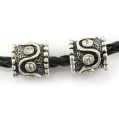 Bead, Antique Pewter, 10x8mm Tube w/Crystal(hole size 4.5mm), lead free