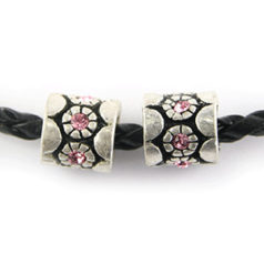 Bead, Antique Pewter, Tube w/Pink Crystal, lead free