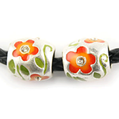 Bead, HandPainted Pewter, 10mm Tube w/Crystal(hole size 4.5mm), Orange/Green, lead free